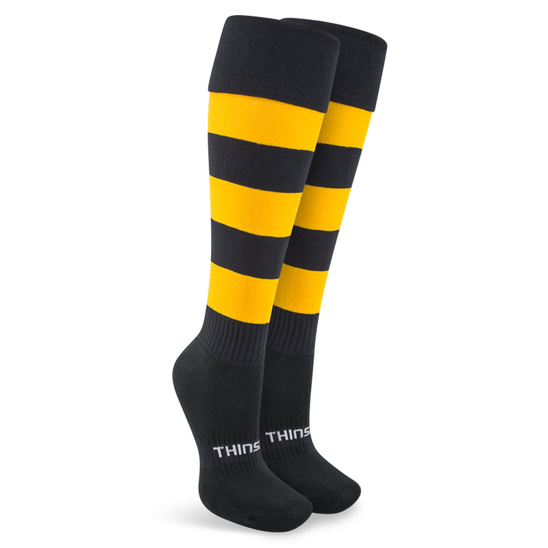 Thinskins Fine Knit Football Socks - Black/Gold Hoops