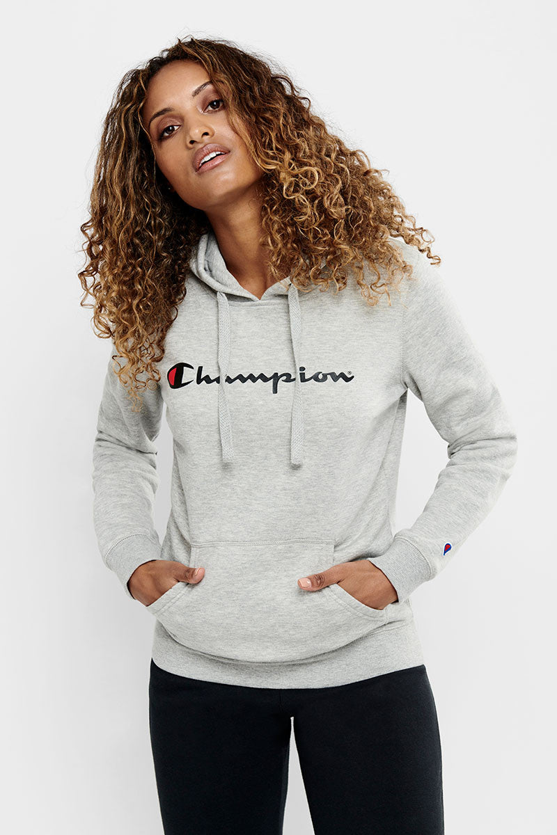 Champion script shop hoodie grey