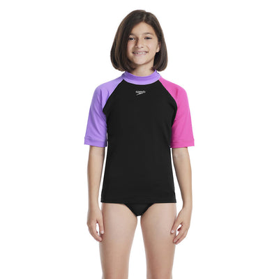 Speedo Girls SS Rash Top-Black/Sweet Purple/Flare Pink