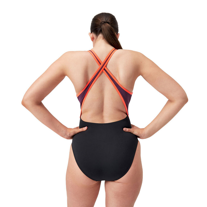 Speedo Wmns High Nck Splice X Back-Black/Plum Dandy/Siren Red