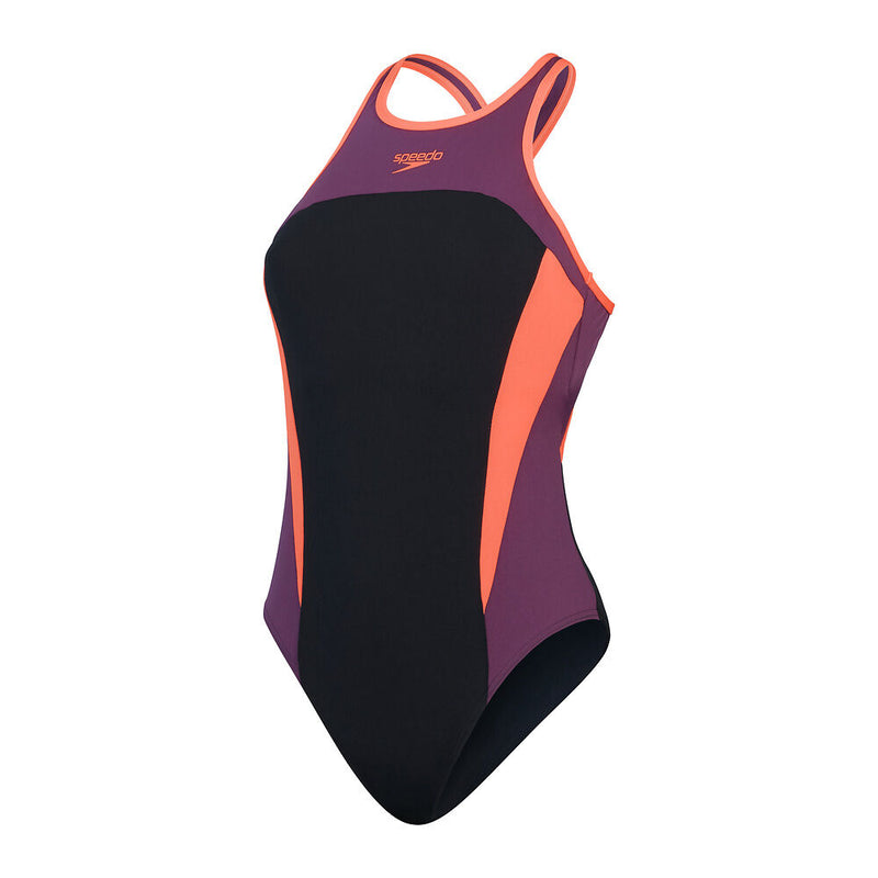 Speedo Wmns High Nck Splice X Back-Black/Plum Dandy/Siren Red