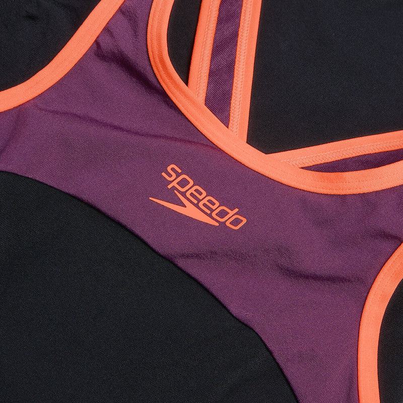 Speedo Wmns High Nck Splice X Back-Black/Plum Dandy/Siren Red