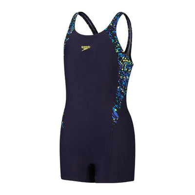 Speedo Girls Printed Leaderback Legsuit Black/Cobalt Pop/Bolt/Lemon Drizzle