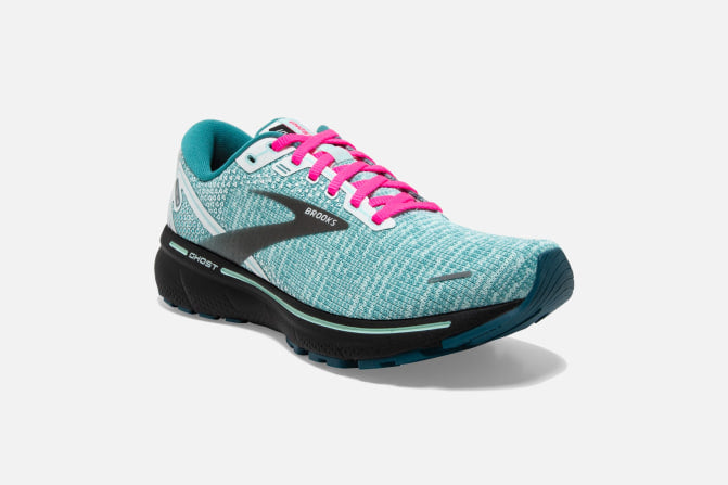 Brooks Womens Ghost 14 B Running Shoe - White/Black/Blue Light